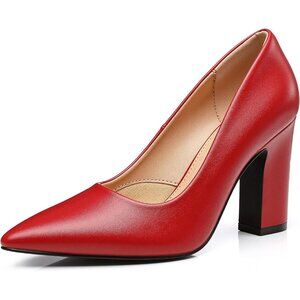 Women's Red Pointed Toe Chunky Pumps Shoes Block High Heels Comfortable
